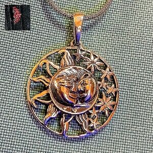 MOON AND STARS STERLING PENDANT, SUSPENDED ON A 16" STERLING SILVER CHAIN
